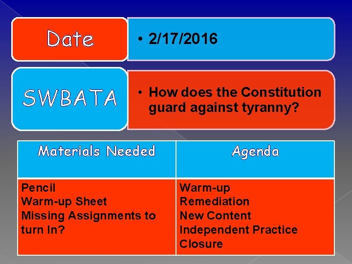 Date SWBATA • 2/17/2016 • How does the Constitution guard against tyranny? Materials Needed