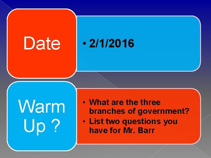 Date Warm Up ? • 2/1/2016 • What are three branches of government? •