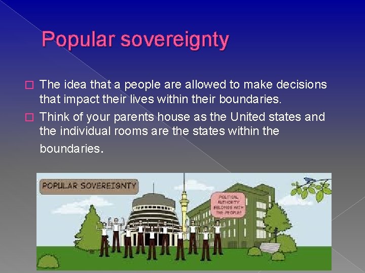 Popular sovereignty The idea that a people are allowed to make decisions that impact