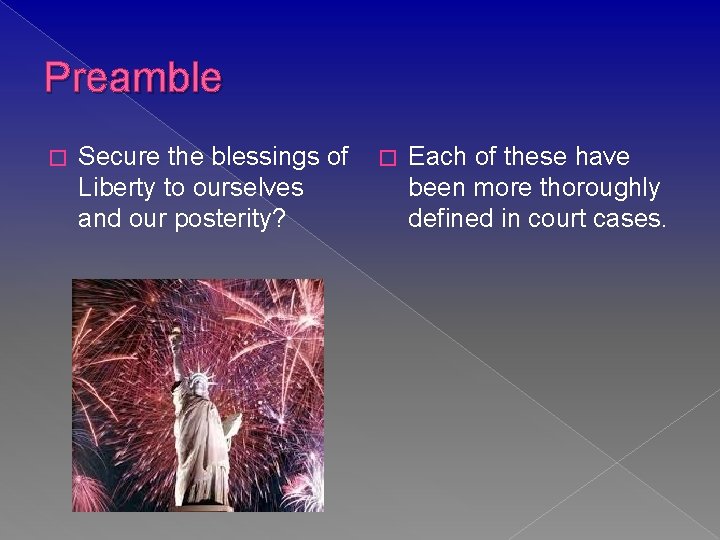 Preamble � Secure the blessings of Liberty to ourselves and our posterity? � Each