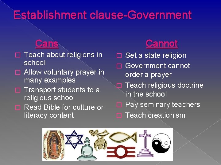 Establishment clause-Government Cans Teach about religions in school � Allow voluntary prayer in many