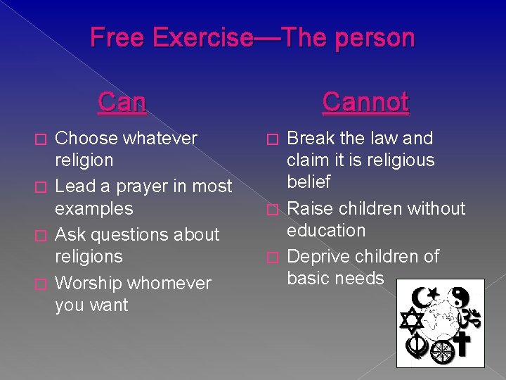 Free Exercise—The person Can Choose whatever religion � Lead a prayer in most examples