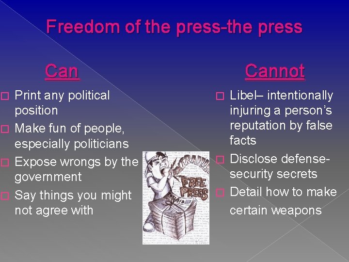 Freedom of the press-the press Can Print any political position � Make fun of