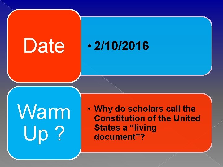 Date Warm Up ? • 2/10/2016 • Why do scholars call the Constitution of