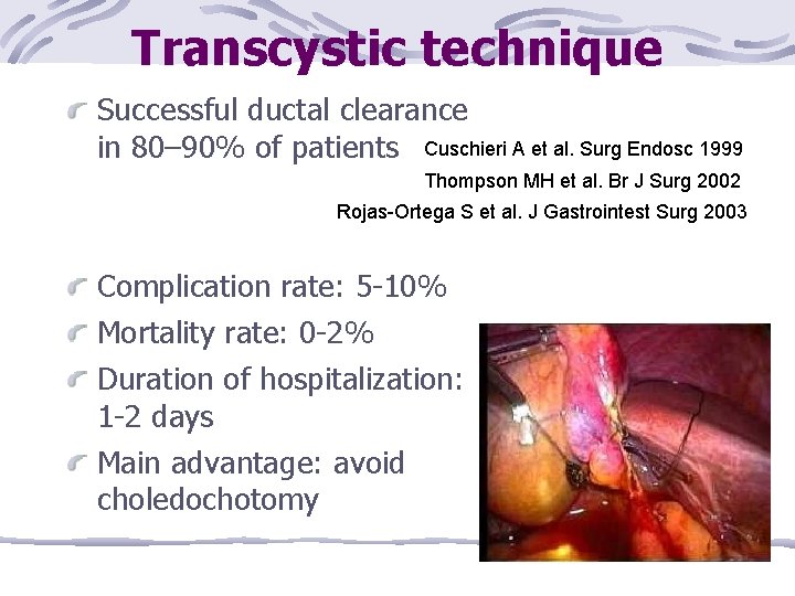 Transcystic technique Successful ductal clearance in 80– 90% of patients Cuschieri A et al.