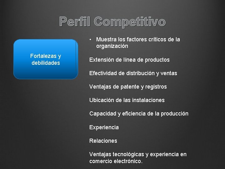 Perfil Competitivo • Muestra los factores críticos de la organización Fortalezas y debilidades Extensión