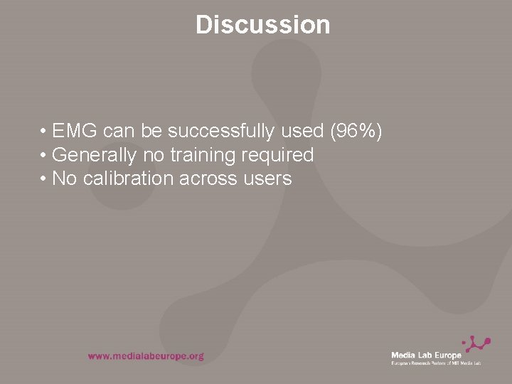 Discussion • EMG can be successfully used (96%) • Generally no training required •
