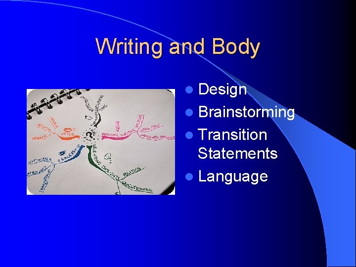 Writing and Body l Design l Brainstorming l Transition Statements l Language 