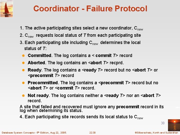 Coordinator - Failure Protocol 1. The active participating sites select a new coordinator, Cnew