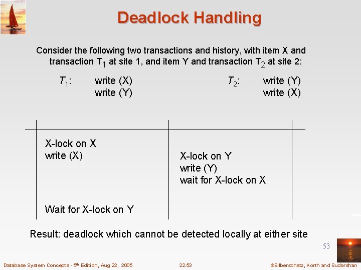 Deadlock Handling Consider the following two transactions and history, with item X and transaction
