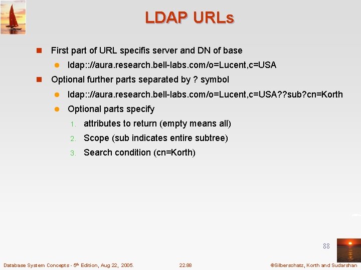 LDAP URLs n First part of URL specifis server and DN of base l