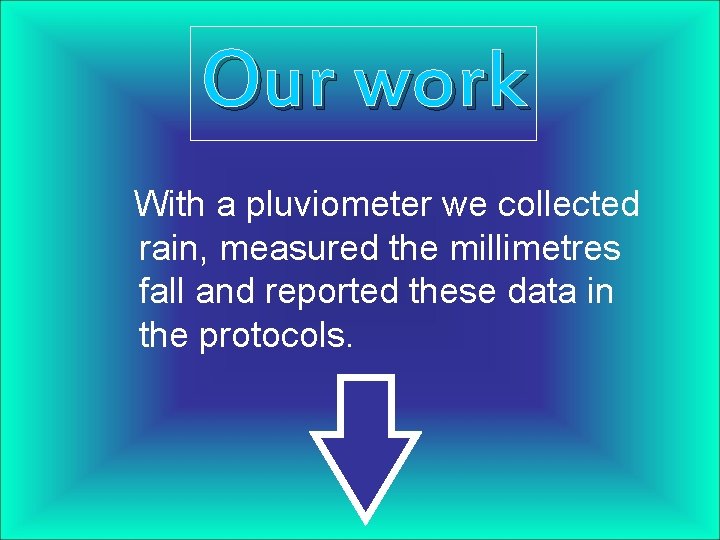 Our work With a pluviometer we collected rain, measured the millimetres fall and reported