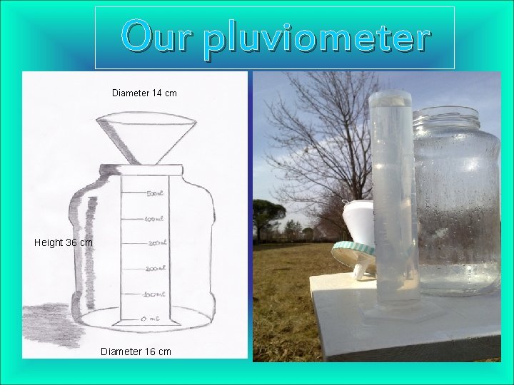Our pluviometer Diameter 14 cm Height 36 cm Diameter 16 cm 