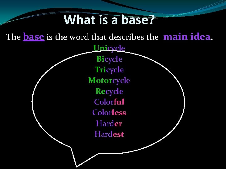 What is a base? The base is the word that describes the main idea.