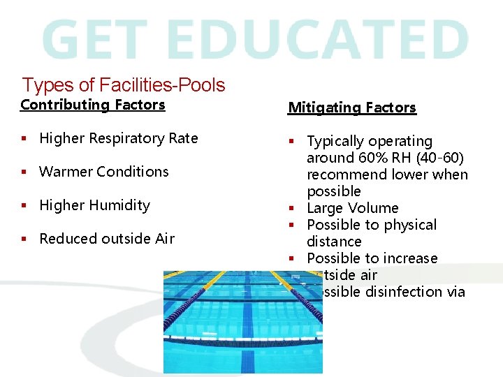 Types of Facilities-Pools Contributing Factors Mitigating Factors § Higher Respiratory Rate § Typically operating
