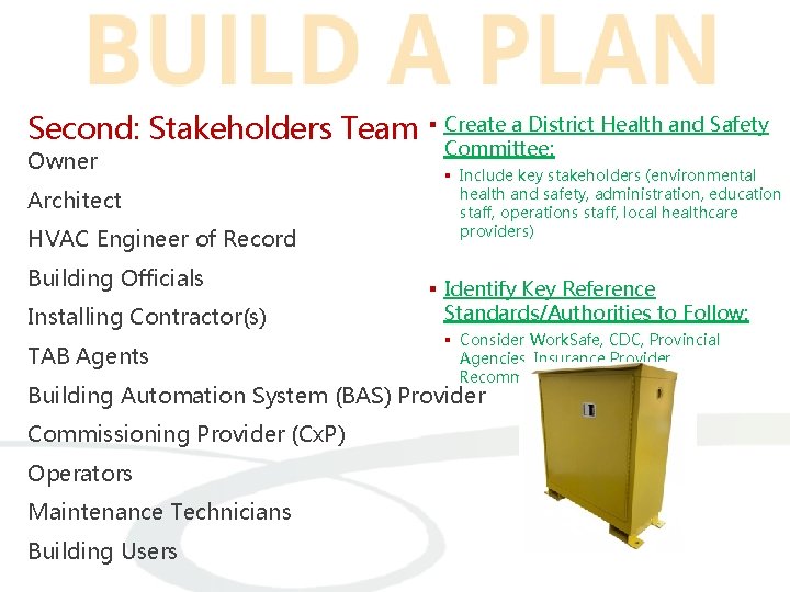 Second: Stakeholders Team § Create a District Health and Safety Owner Architect HVAC Engineer