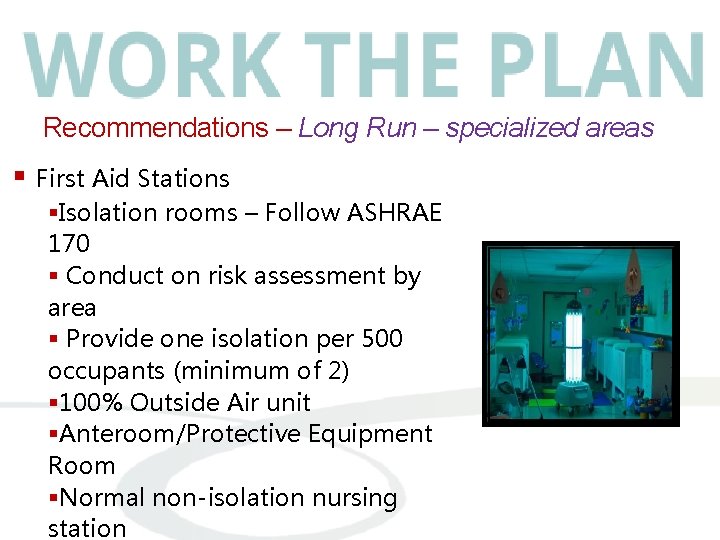 Recommendations – Long Run – specialized areas § First Aid Stations §Isolation rooms –