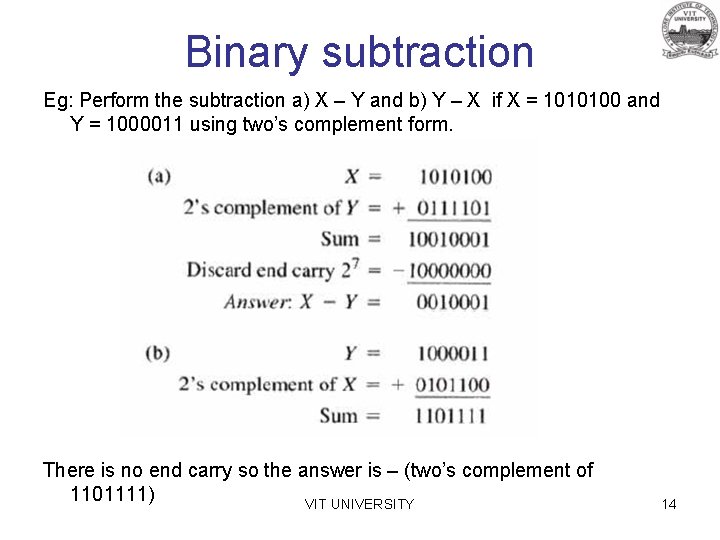 Binary subtraction Eg: Perform the subtraction a) X – Y and b) Y –