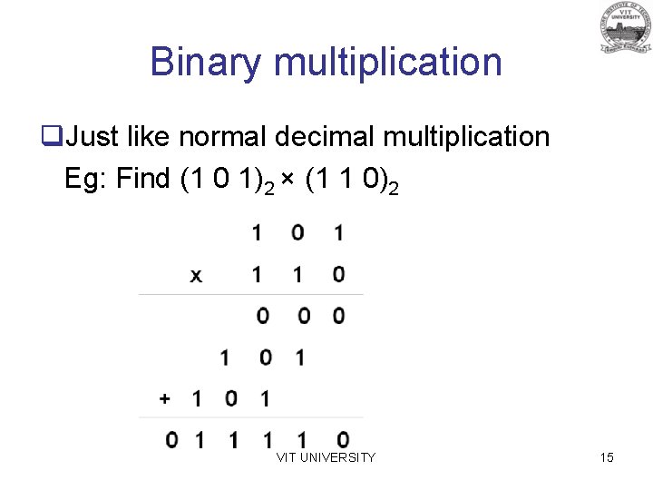 Binary multiplication q. Just like normal decimal multiplication Eg: Find (1 0 1)2 ×