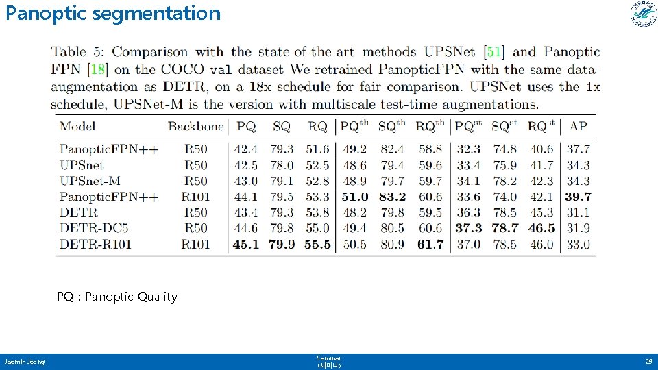 Panoptic segmentation PQ : Panoptic Quality Jaemin Jeong Seminar (세미나) 29 