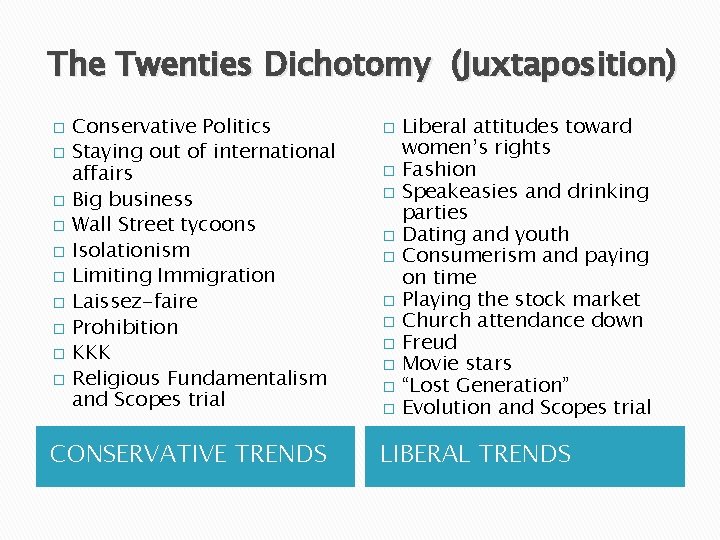 The Twenties Dichotomy (Juxtaposition) � � � � � Conservative Politics Staying out of