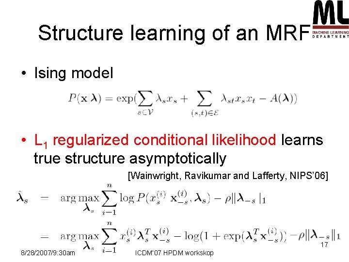 Structure learning of an MRF • Ising model • L 1 regularized conditional likelihood