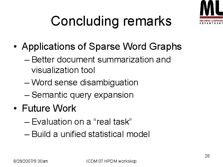 Concluding remarks • Applications of Sparse Word Graphs – Better document summarization and visualization