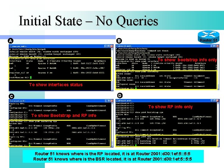 Initial State – No Queries A Router-51 B To show bootstrap info only To