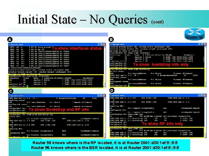 Initial State – No Queries (cont) A Router-56 B To show interfaces status To