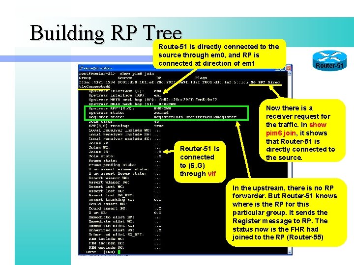 Building RP Tree Route-51 is directly connected to the source through em 0, and