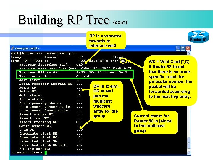 Building RP Tree (cont) RP is connected towards at interface em 0 DR is