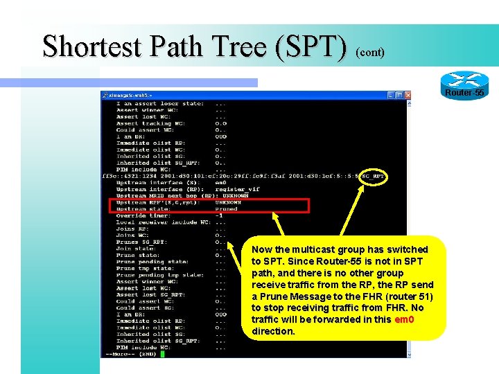 Shortest Path Tree (SPT) (cont) Router-55 Now the multicast group has switched to SPT.