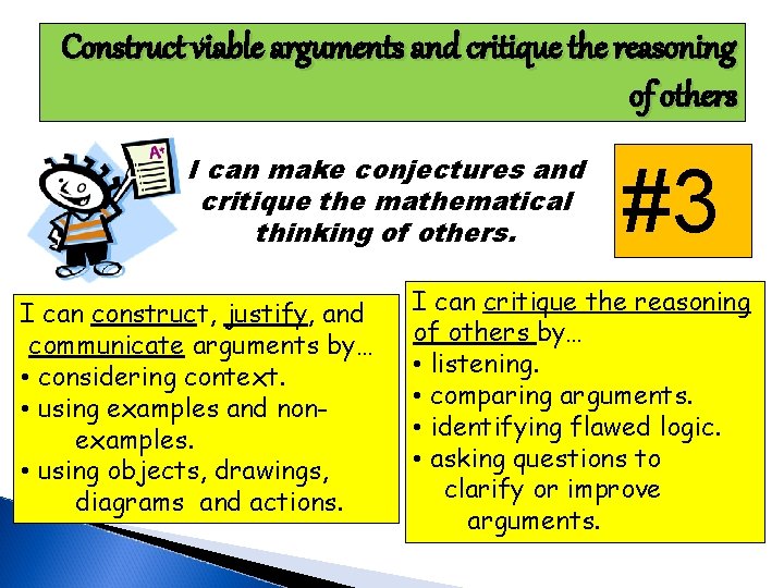 Construct viable arguments and critique the reasoning of others I can make conjectures and