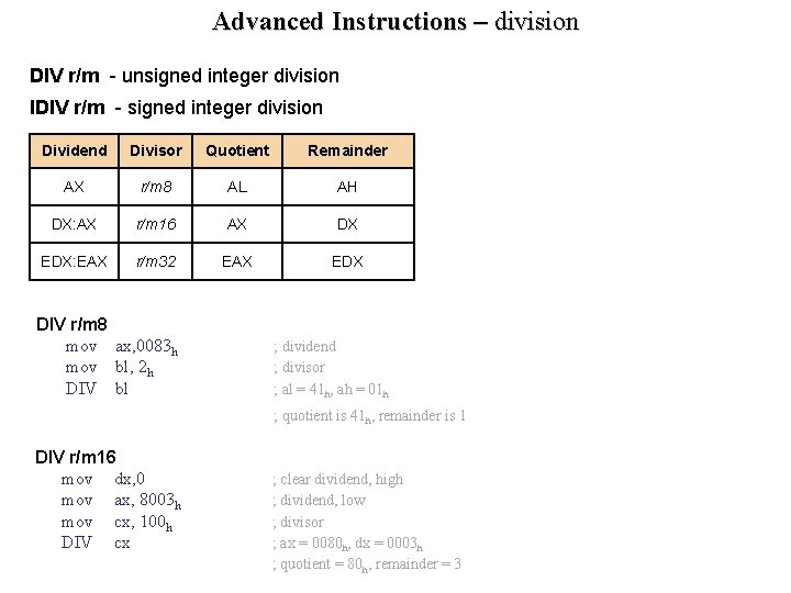 Advanced Instructions – division DIV r/m - unsigned integer division IDIV r/m - signed