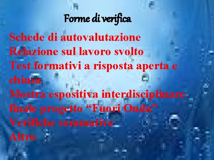 Forme di verifica Schede di autovalutazione Relazione sul lavoro svolto Test formativi a risposta