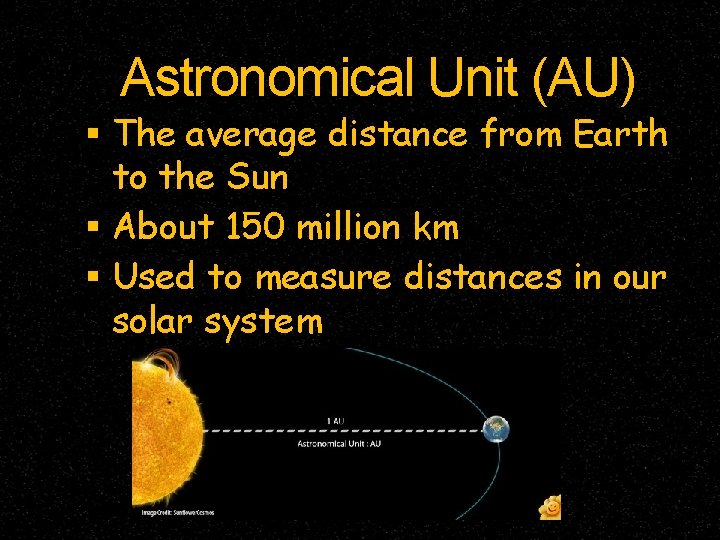 Astronomical Unit (AU) The average distance from Earth to the Sun About 150 million Astronomical Unit (AU) The average distance from Earth to the Sun About 150 million