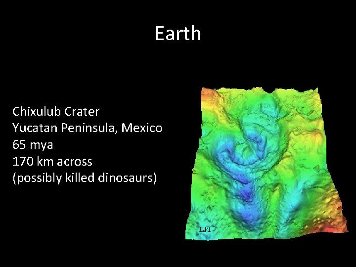 Earth Chixulub Crater Yucatan Peninsula, Mexico 65 mya 170 km across (possibly killed dinosaurs)