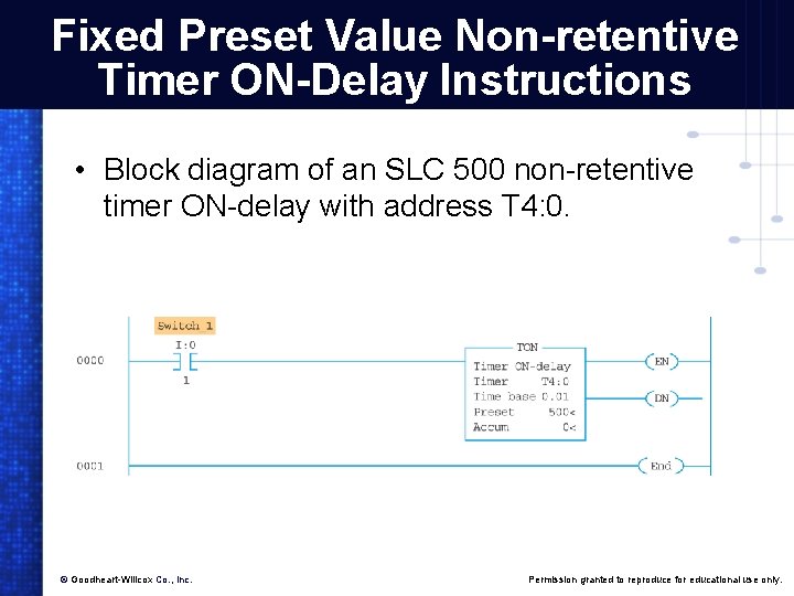 Fixed Preset Value Non-retentive Timer ON-Delay Instructions • Block diagram of an SLC 500