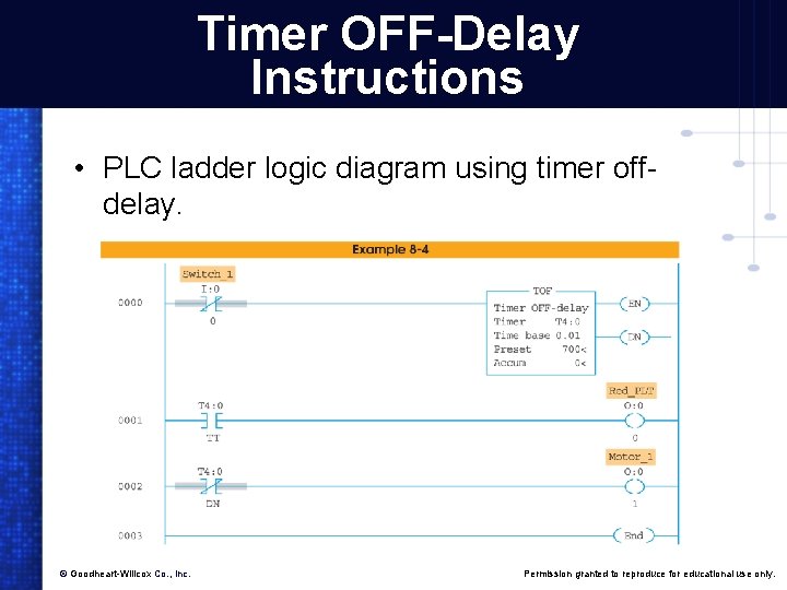 Timer OFF-Delay Instructions • PLC ladder logic diagram using timer offdelay. © Goodheart-Willcox Co.