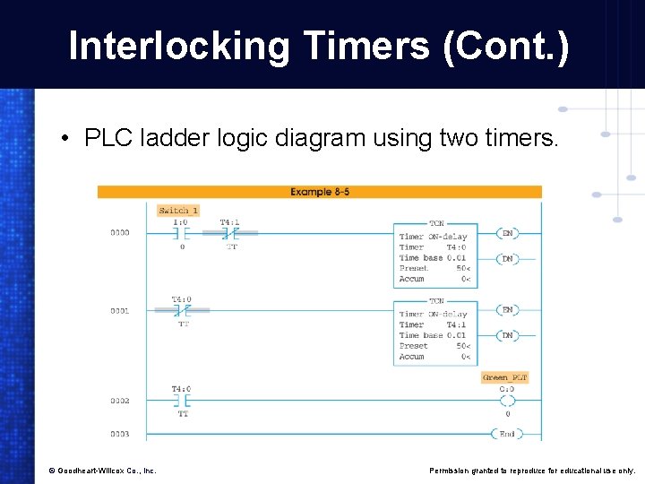 Interlocking Timers (Cont. ) • PLC ladder logic diagram using two timers. © Goodheart-Willcox