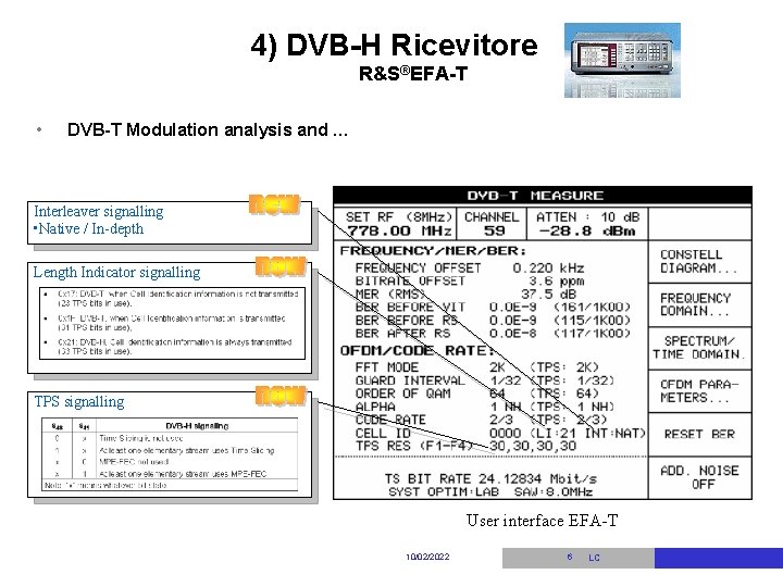 4) DVB-H Ricevitore R&S®EFA-T • DVB-T Modulation analysis and … Interleaver signalling • Native