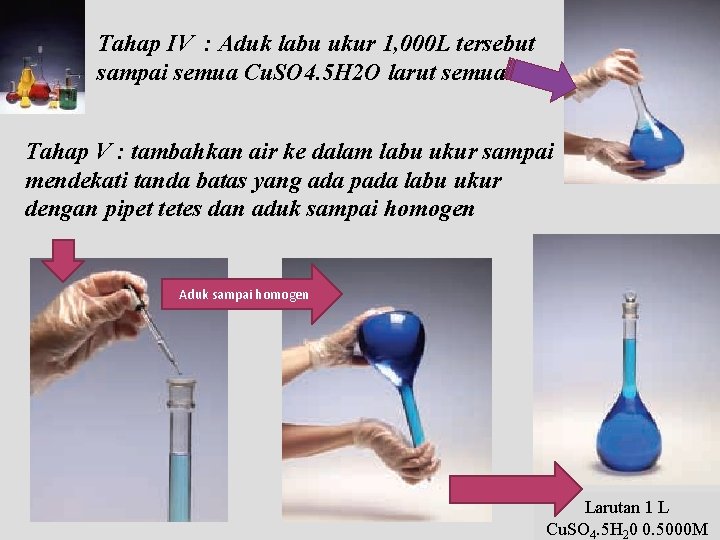 Tahap IV : Aduk labu ukur 1, 000 L tersebut sampai semua Cu. SO