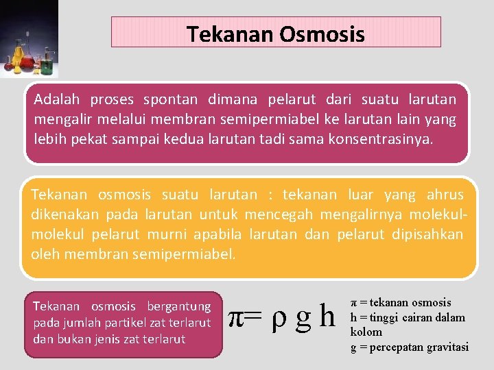 Tekanan Osmosis Adalah proses spontan dimana pelarut dari suatu larutan mengalir melalui membran semipermiabel