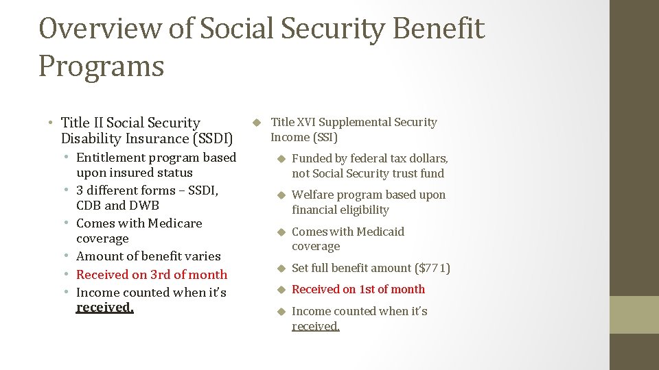 Overview of Social Security Benefit Programs • Title II Social Security Disability Insurance (SSDI)