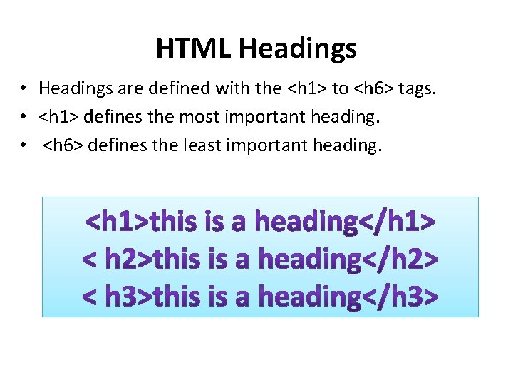 HTML Headings • Headings are defined with the <h 1> to <h 6> tags.