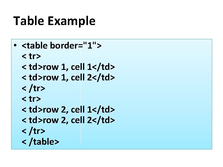 Table Example • <table border="1"> < tr> < td>row 1, cell 1</td> < td>row