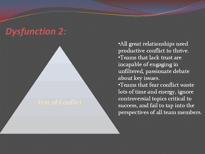 Dysfunction 2: Fear of Conflict • All great relationships need productive conflict to thrive.