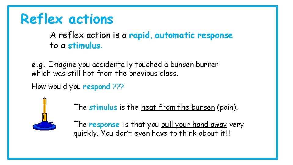 Reflex actions A reflex action is a rapid, automatic response to a stimulus. e.