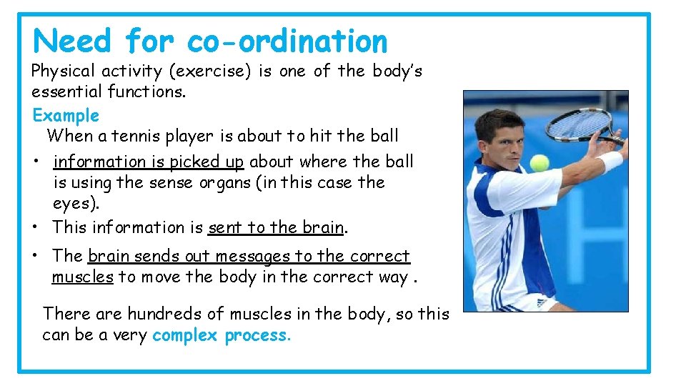 Need for co-ordination Physical activity (exercise) is one of the body’s essential functions. Example