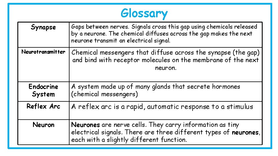 Glossary Synapse Gaps between nerves. Signals cross this gap using chemicals released by a